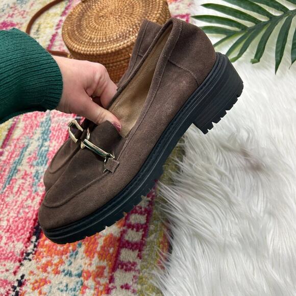 Kelly & Katie Brown Gold Chain Buckle Chunky Platform Leather Loafers 9 - Picture 6 of 11